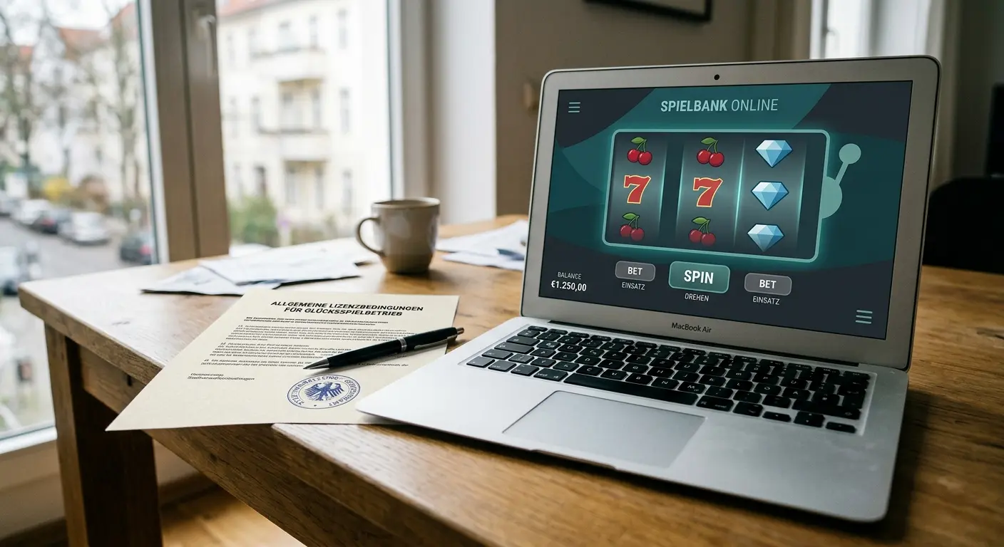 Symbolbild beste online casinos ohne lizenz 2026 mit Lizenzdokument und Laptop